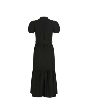 Long black cotton dress with short puff sleeves and a ruffle at the bottom |  - 1