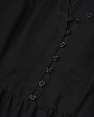 Long black cotton dress with short puff sleeves and a ruffle at the bottom |  - 2