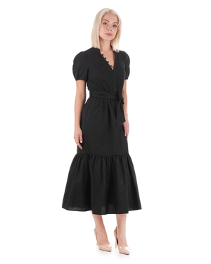 Long black cotton dress with short puff sleeves and a ruffle at the bottom |  - 3