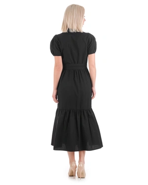 Long black cotton dress with short puff sleeves and a ruffle at the bottom |  - 4