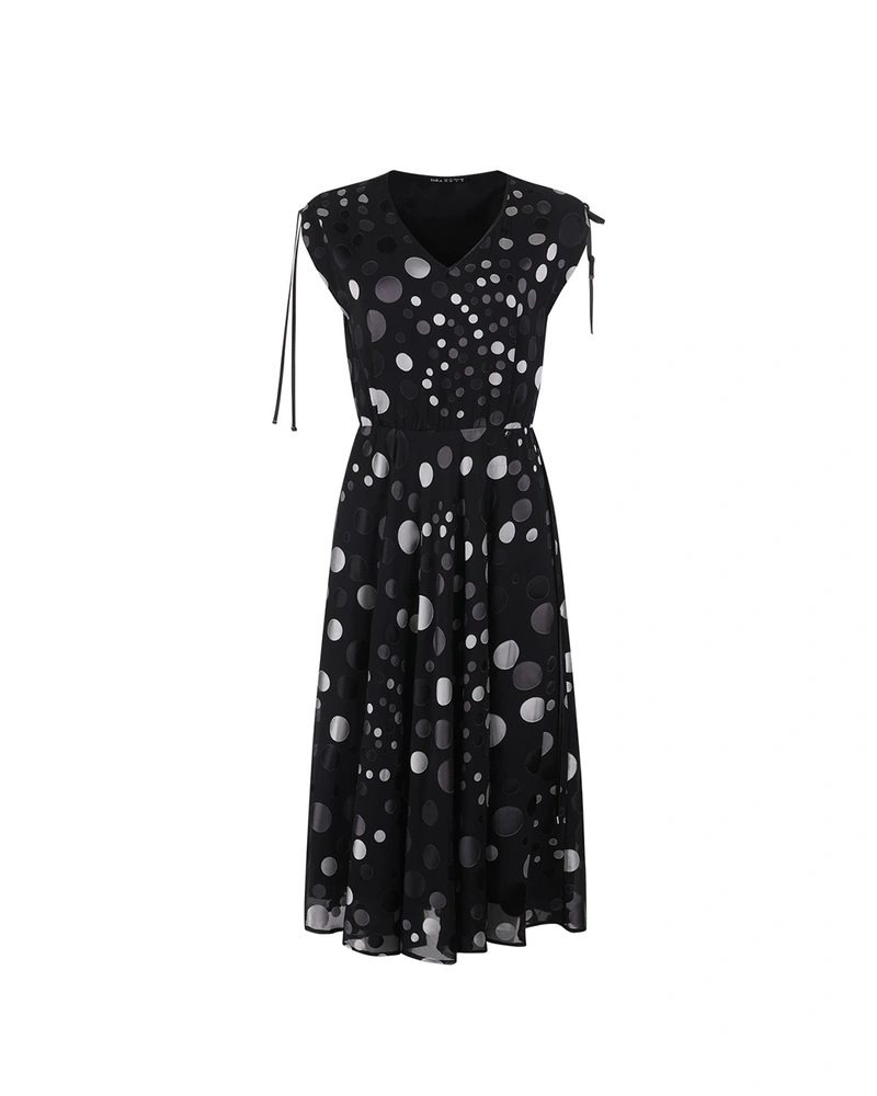 Long black polka dot dress with feminine silhouette | NEW