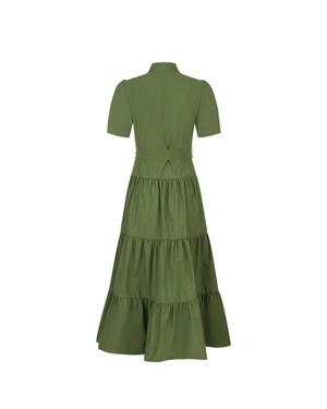 Rochie lungă tip cămașă din bumbac cu volane, verde măsliniu | NOUTATI - 3