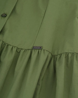 Rochie lungă tip cămașă din bumbac cu volane, verde măsliniu | NOUTATI - 4