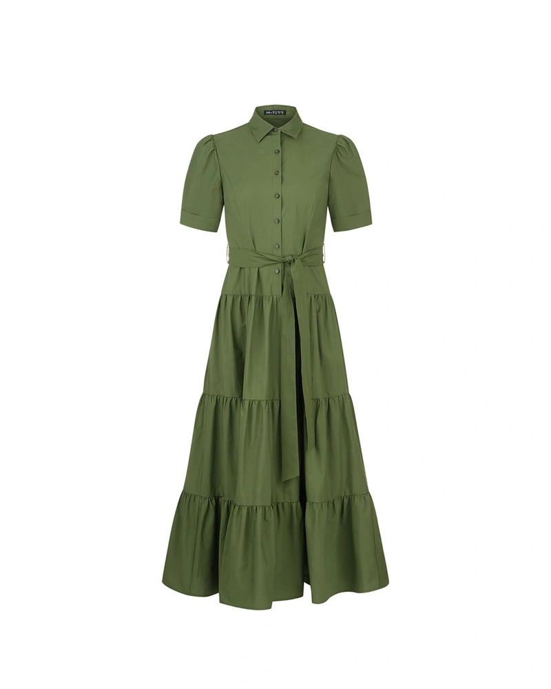 Rochie lungă tip cămașă din bumbac cu volane, verde măsliniu | NOUTATI