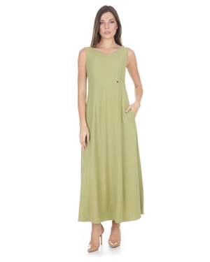 Rochie lungă în verde măsliniu deschis, cu decolteu în V | Casual - 1