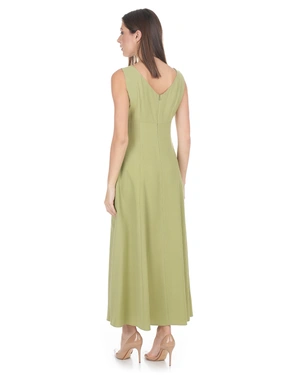 Rochie lungă în verde măsliniu deschis, cu decolteu în V | Casual - 3
