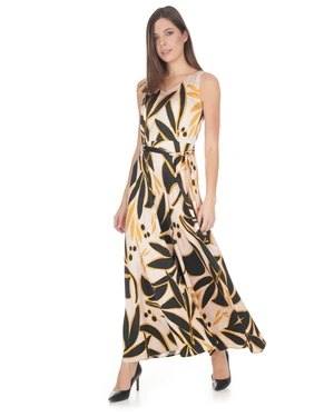 Long dress made of certified viscose in a beige and black color palette | Dresses - 2