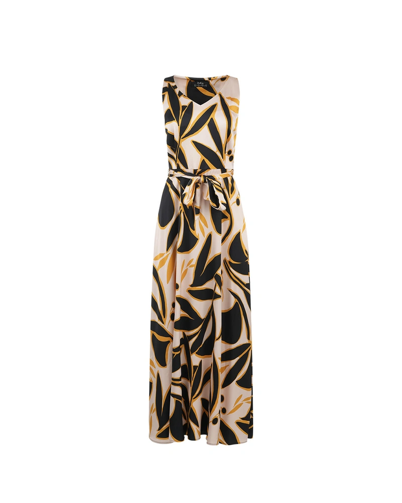 Long dress made of certified viscose in a beige and black color palette | Dresses