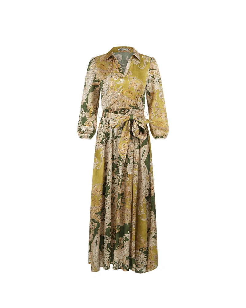 Long dress with paisley motifs in green-beige tones | Dresses and Jumpsuits
