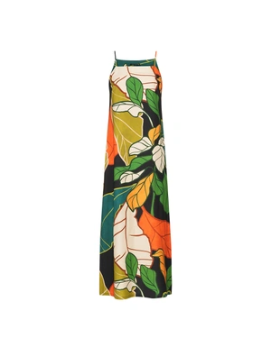 Rochie lunga in bretele cu imprimeu tropical contrastant | Rochii - 1
