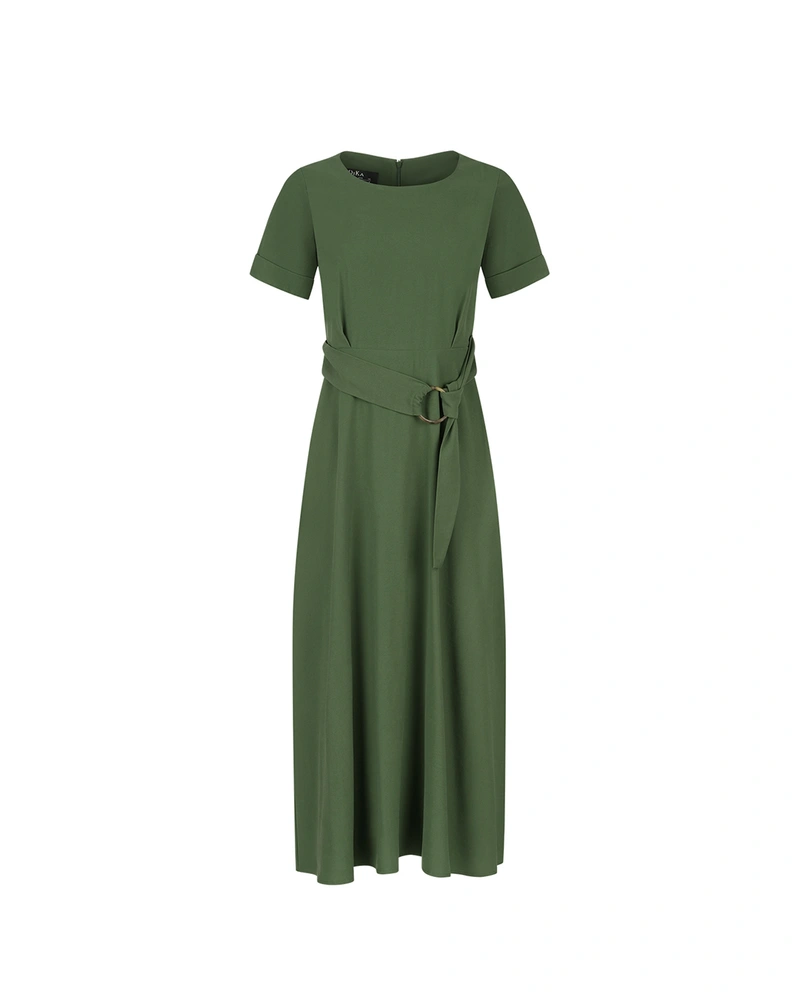 Long green viscose dress with short sleeves and a fabric belt | Dresses