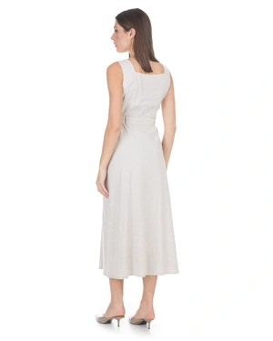 Long linen and viscose dress with a belt and hidden buttons in ecru color | Dresses - 2