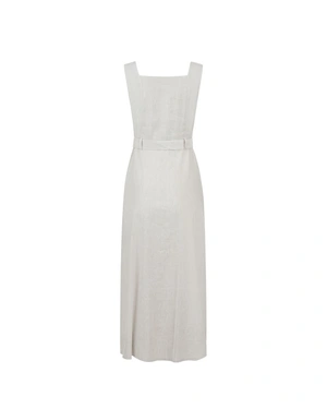 Long linen and viscose dress with a belt and hidden buttons in ecru color | Dresses - 3