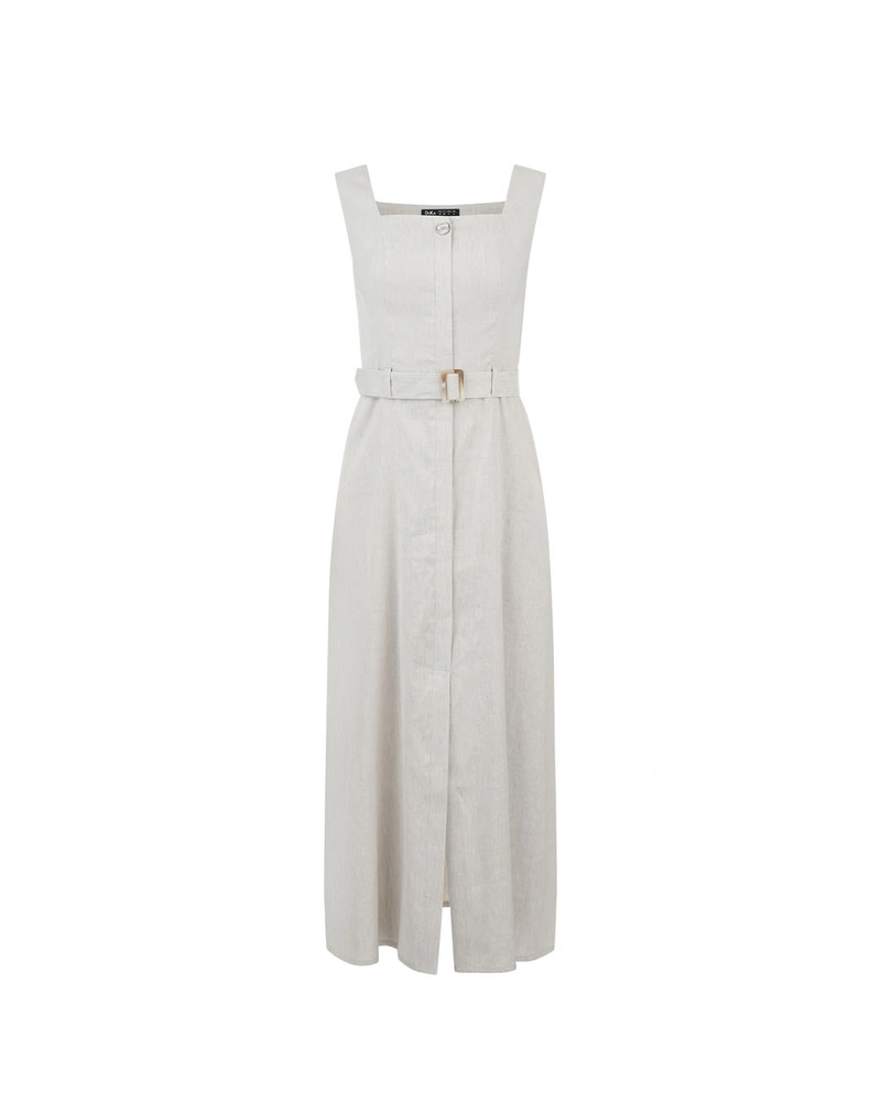Long linen and viscose dress with a belt and hidden buttons in ecru color | Dresses