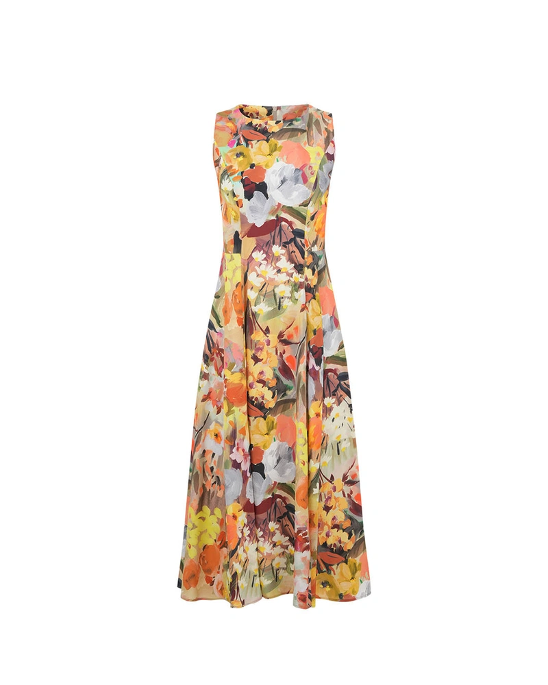 Long sleeveless viscose dress with a vibrant floral print | Dresses