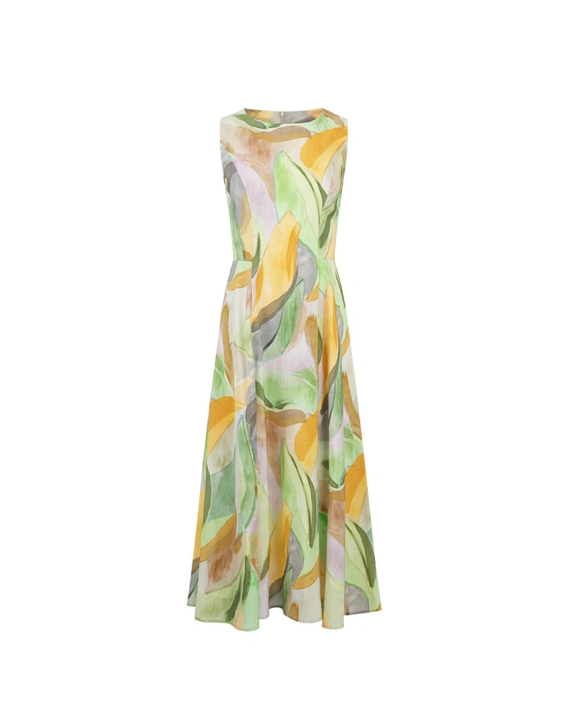 Long viscose dress with an abstract art print in green hues | Casual