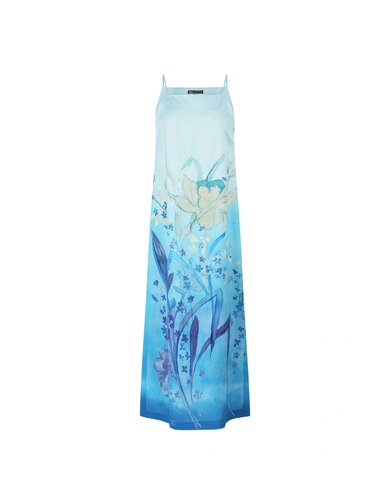 Rochie maxi albastră cu imprimeu floral artistic | NOUTATI