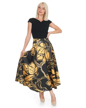 Midi skirt with contrasting floral print in mustard | COLLECTION - 10