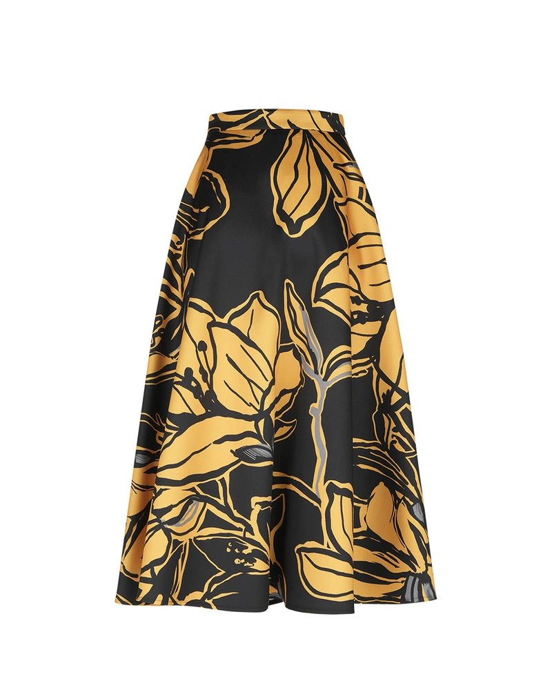 Midi skirt with contrasting floral print in mustard | Skirts and Shorts