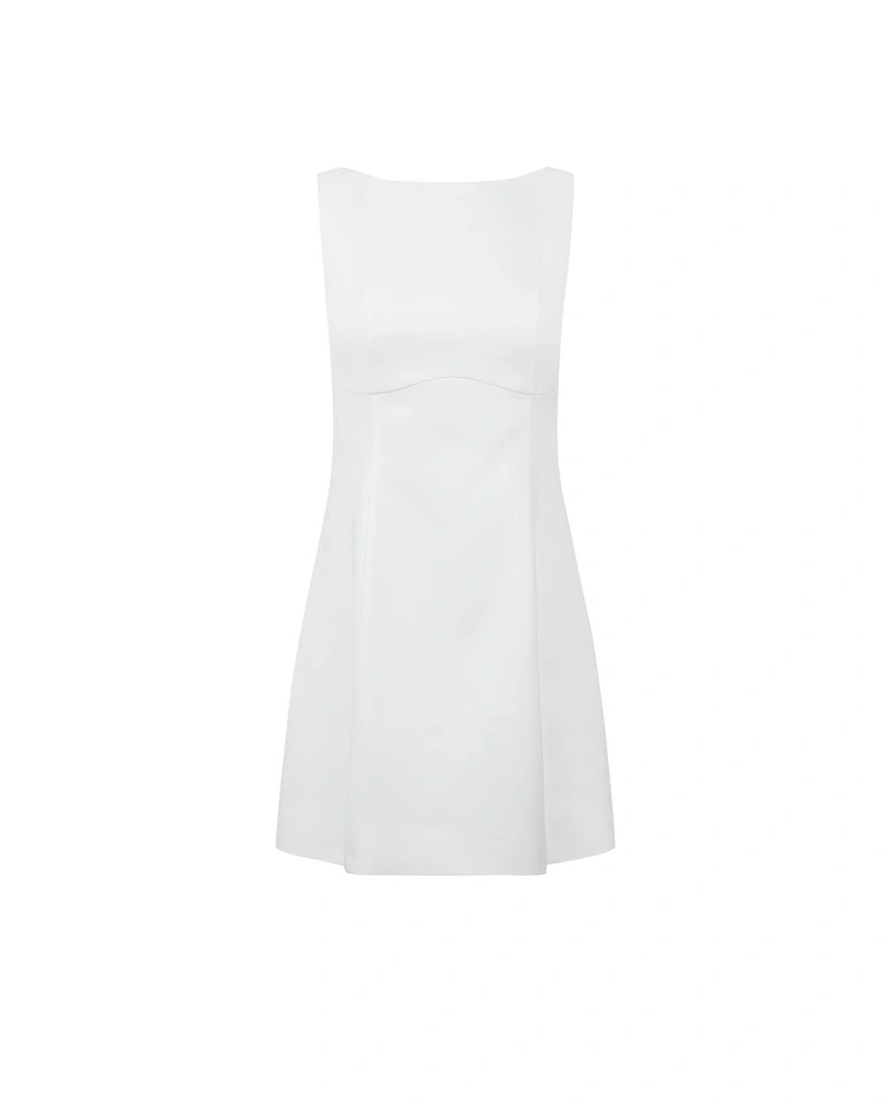 Minimalist white dress with deep neckline, back ribbon, and zip fastening | Casual collection