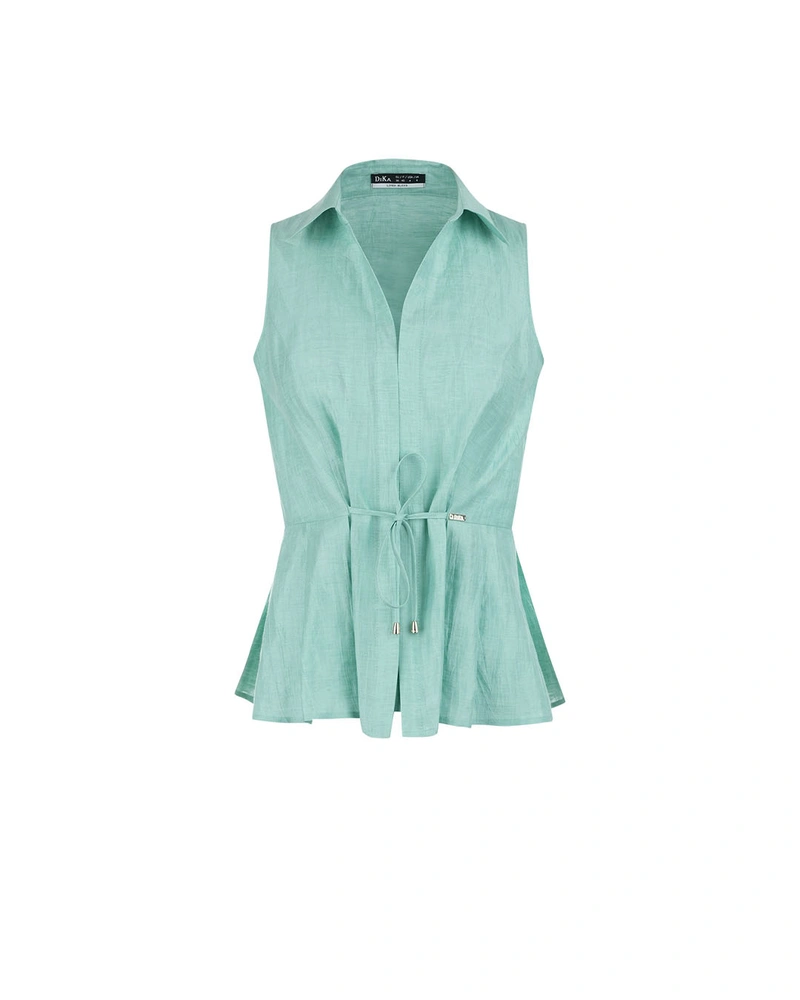 Mint green sleeveless linen shirt with waist tie and fine fastening | Blouses