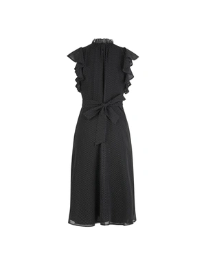 Mousseline airy black dress with delicate white polka dots, mid-calf length | Dresses - 1