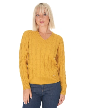 Mustard women's cable-knit sweater with a V-neckline | Sweathers - 1