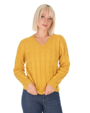 Mustard women's cable-knit sweater with a V-neckline | Sweathers - 2