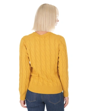 Mustard women's cable-knit sweater with a V-neckline | Sweathers - 3