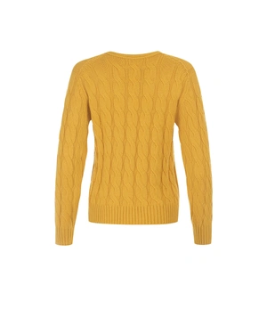 Mustard women's cable-knit sweater with a V-neckline | Sweathers - 4