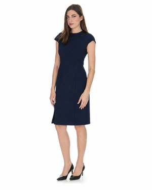 Navy blue dress made from recycled fabric with a straight silhouette | Dresses | Dika.ge - 1 Navy blue dress made from recycled fabric with a straight silhouette | Dresses - 1