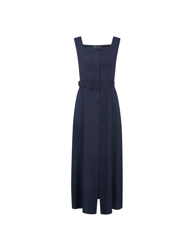 Rochie midi bleumarin din in și viscoză | NOUTATI