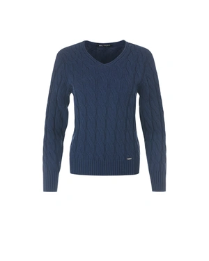 Pulover bleumarin cu nervuri și guler în V pentru femei | Pulovere | Dikastore.ro Pulover bleumarin cu nervuri și guler în V pentru femei | Pulovere