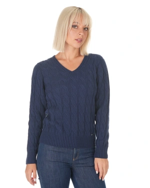 Pulover bleumarin cu nervuri și guler în V pentru femei | Pulovere | Dikastore.ro - 2 Pulover bleumarin cu nervuri și guler în V pentru femei | Pulovere - 2