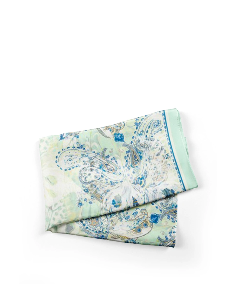 Oblong mousseline scarf with light green stylized motifs | Scarfs