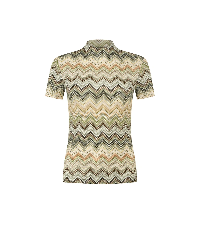 Openwork knitted blouse with wave pattern in beige-green | T-shirts