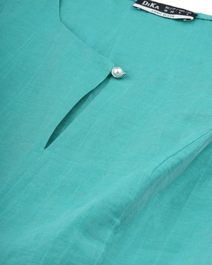 Blouse en lin vert d'eau à manches courtes avec goutte d'eau et bouton perle | Blouses - 5