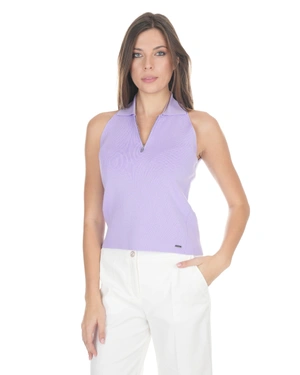 Pale purple knitted top with a zippered collar and sleeveless | Pullovers - 8