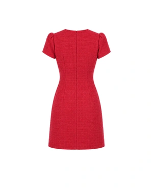 Robe rouge en tweed de coton avec mini-paillettes | Robes - 4