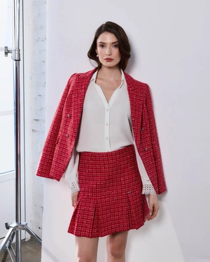 Red short pleated skirt in cotton tweed | Suits - 4