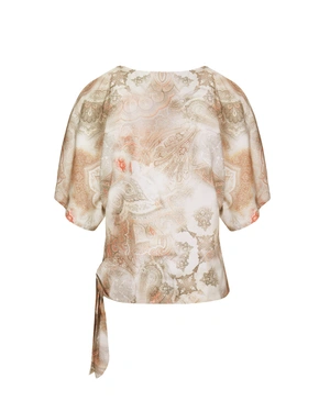 Satin blouse with abstract print in dusty-pastel tones | Blouses - 1