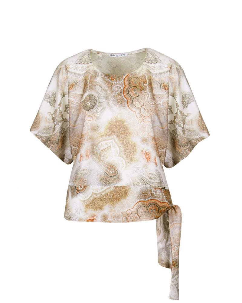 Satin blouse with abstract print in dusty-pastel tones | Blouses