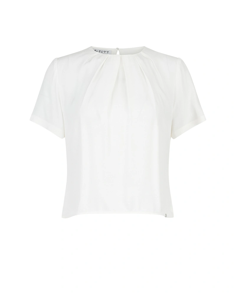 Satin-finish spring blouse in white, with crew neck, made of rayon and viscose | Blouses