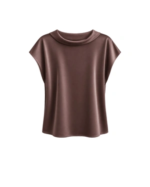 Blouse satinée marron foncé à manches courtes | Blouses - 3