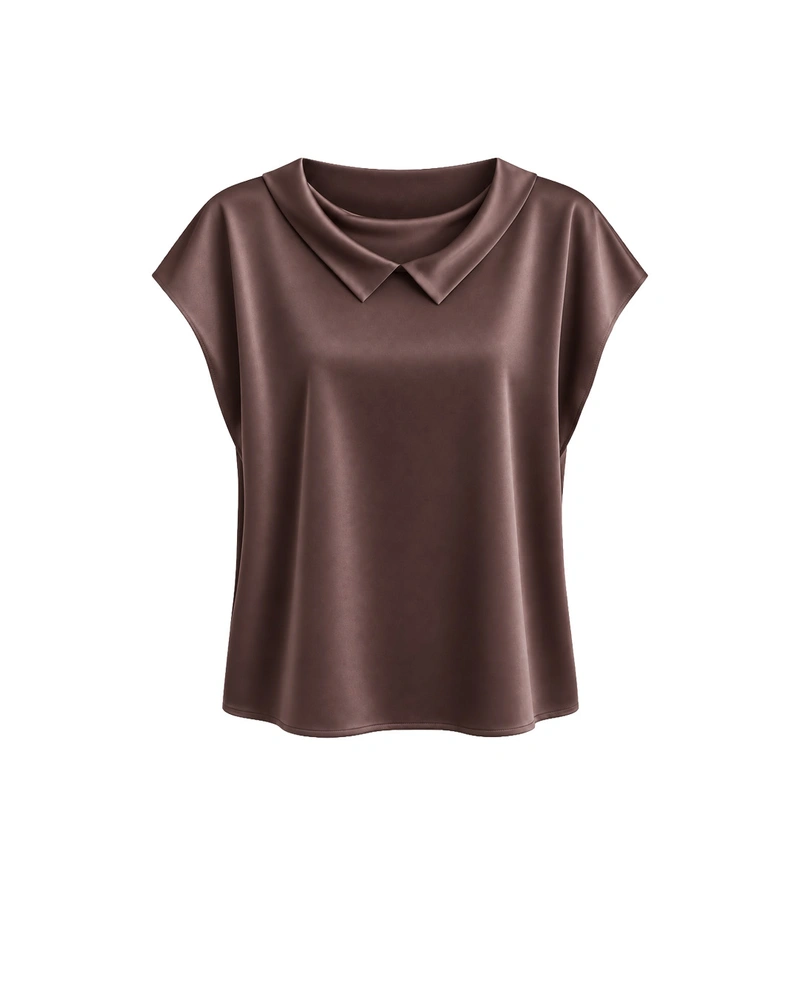 Satin short-sleeve blouse in dark brown | Blouses