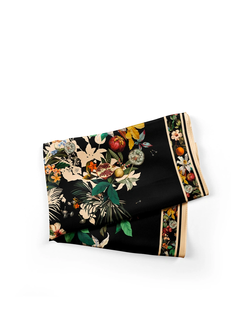 Scarf with bright floral motifs on a black background | Scarfs
