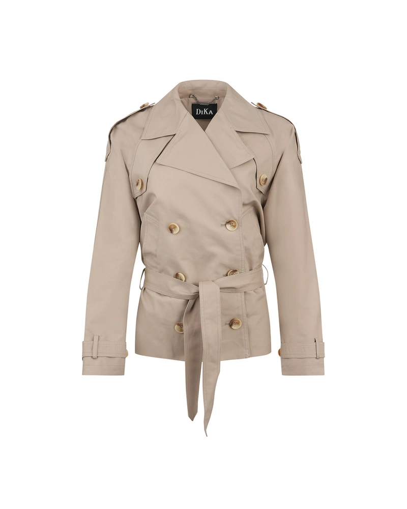 Short cotton trench coat in beige with belt and double-breasted fastening | Outerwear