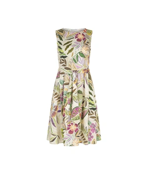 Sleeveless cotton dress with a colorful tropical print and emphasized waist | Pure cotton and linen collection