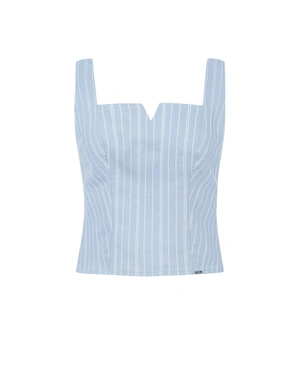 Sleeveless light blue linen blend top with square neckline and delicate stripes | NEW - 7