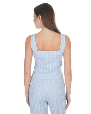 Sleeveless light blue linen blend top with square neckline and delicate stripes | NEW - 11
